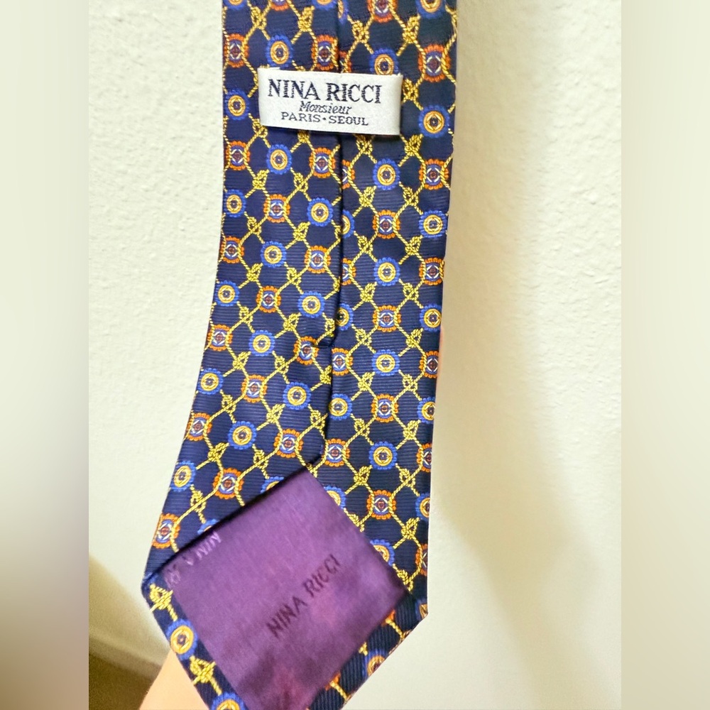 Nina Ricci Monsieur Silk Tie Blue Gold Geometric Vintage Luxury Paris